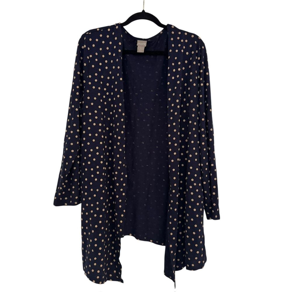 CHICOS Women Sz 3 - XL - 16 Navy Polka Dot Cardigan Travel Classic Coastal Beach